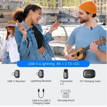 BOYA Mini 2-01 belaidė mikrofono sistema 2,4GHz su 2 siųstuvais ir 2 imtuvais (USB-C ir Lightning) juoda