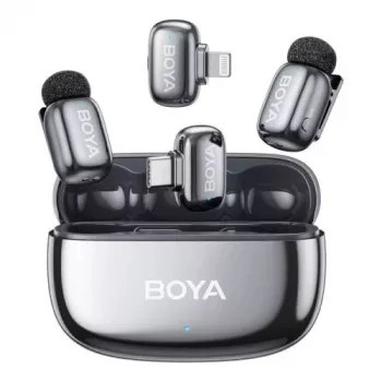 BOYA Mini 2-01 belaidė mikrofono sistema su AI triukšmo slopinimu, 2 siųstuvais ir 2 imtuvais (USB-C ir Lightning), Space Gray