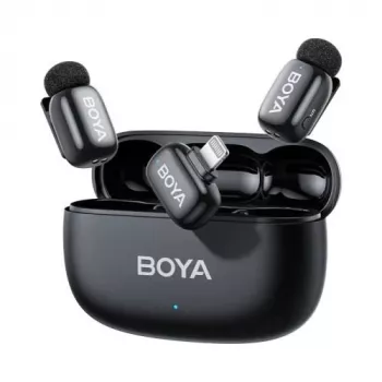 Belaidė mikrofonų sistema BOYA Mini 2-03 2,4GHz, AI triukšmo slopinimas, 2 siųstuvai + 1 Lightning imtuvas, juoda