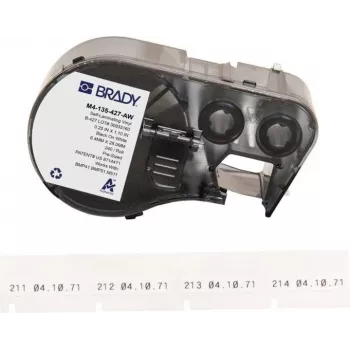 Brady B-427 savaiminio laminavimo vinilo laidų žymėjimo etiketės, balta/perpatinga, 38,1 mm x 38,1 mm, 240 etikečių/ritinyje, skirtos BMP41/BMP51/BMP53/M511