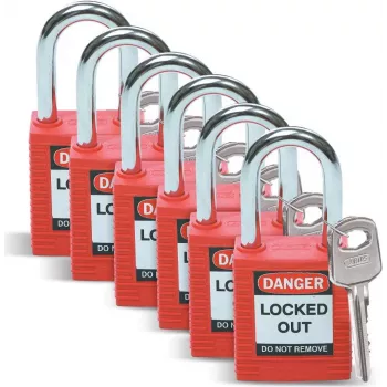 Brady Lockout Safety Padlock Set, Nailono korpusas, Plieninis lankas, Skirtingi raktai, Raudona, 6 vnt. (051339)