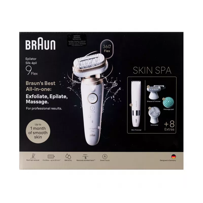 Braun Silk-épil 9 3D SES9-481 šlapiam ir sausam epiliatorius belaidis, 40 pincetų, SensoSmart, Smartlight, trimeris, baltas/rožinis auksas