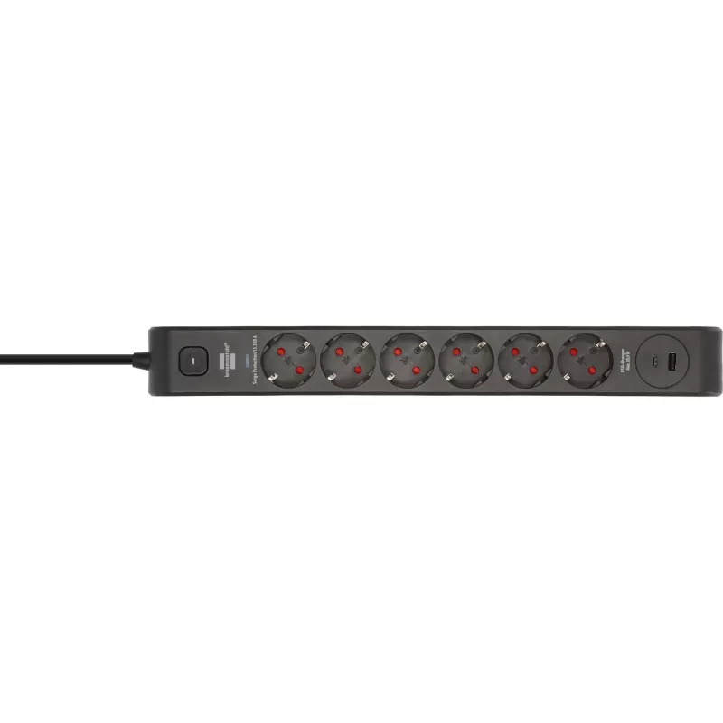 BRENNENSTUHL 6-ių lizdų ilgintuvas su 1x USB-C, 1x USB-A, apsauga nuo viršįtampių 13 500 A, 2 m laidas, juoda/antracitas