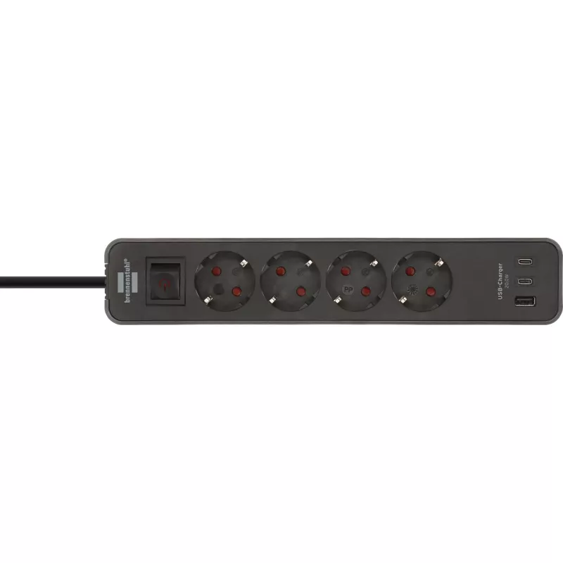 Brennenstuhl Ecolor prailgintuvas 4 kištukiniai lizdai su 2x USB-C, 1x USB-A, 1,5 m kabeliu, apsauginiu jungikliu, juoda/antracitas
