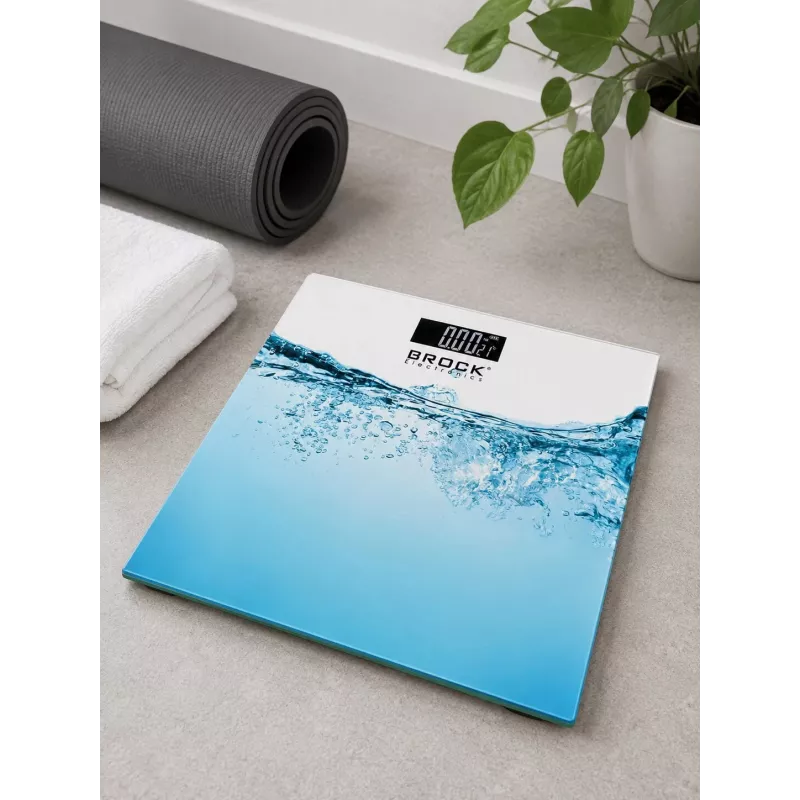 Brock BS 005 skaitmeninės vonios svarstyklės su grūdinto stiklo platforma, 180 kg talpa, 100 g tikslumu, automatinis įsijungimas/išsijungimas, baterijos pridėtos