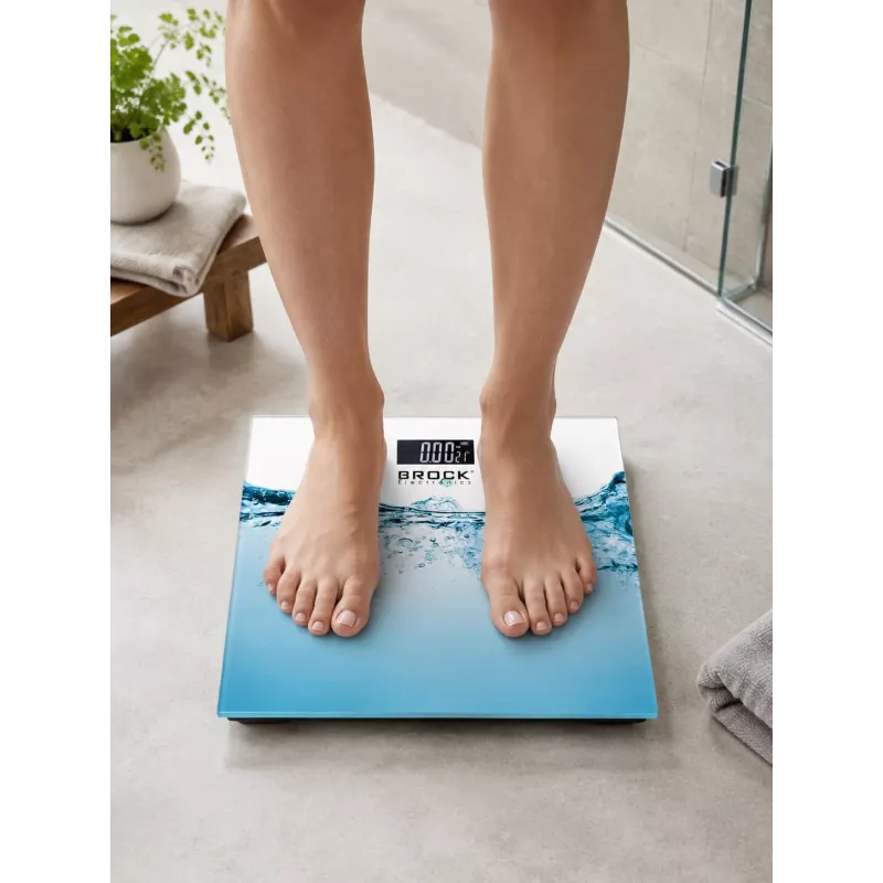 Brock BS 005 skaitmeninės vonios svarstyklės su grūdinto stiklo platforma, 180 kg talpa, 100 g tikslumu, automatinis įsijungimas/išsijungimas, baterijos pridėtos
