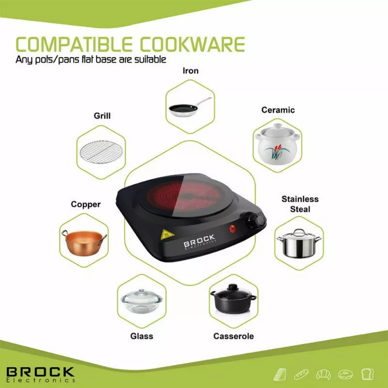 Brock HPI 3001 BK 1500W vienos zonos elektrinė kaitlentė su ketaus plokšte ir termostatu, juoda