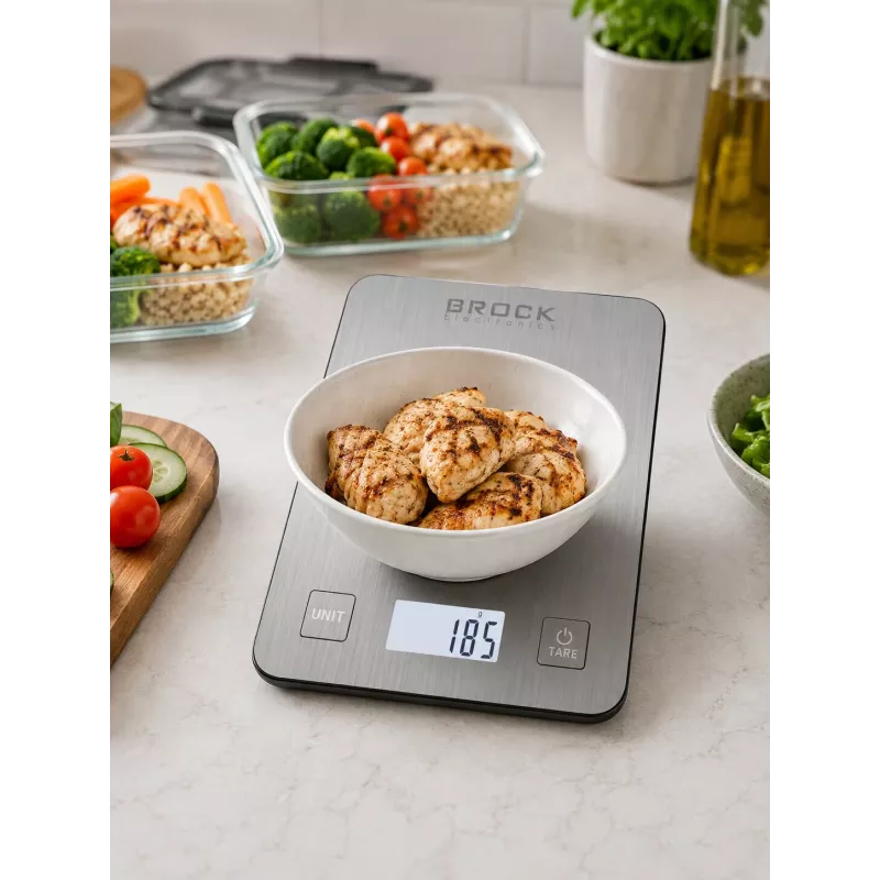 Brock SKS 1009 skaitmeninės virtuvinės svarstyklės su LED ekranu, 5 kg talpa, 1 g tikslumu, grūdinto stiklo platforma, juodos