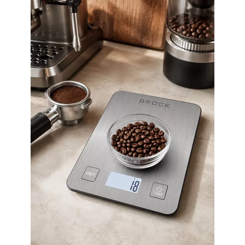 Brock SKS 1009 skaitmeninės virtuvinės svarstyklės su LED ekranu, 5 kg talpa, 1 g tikslumu, grūdinto stiklo platforma, juodos