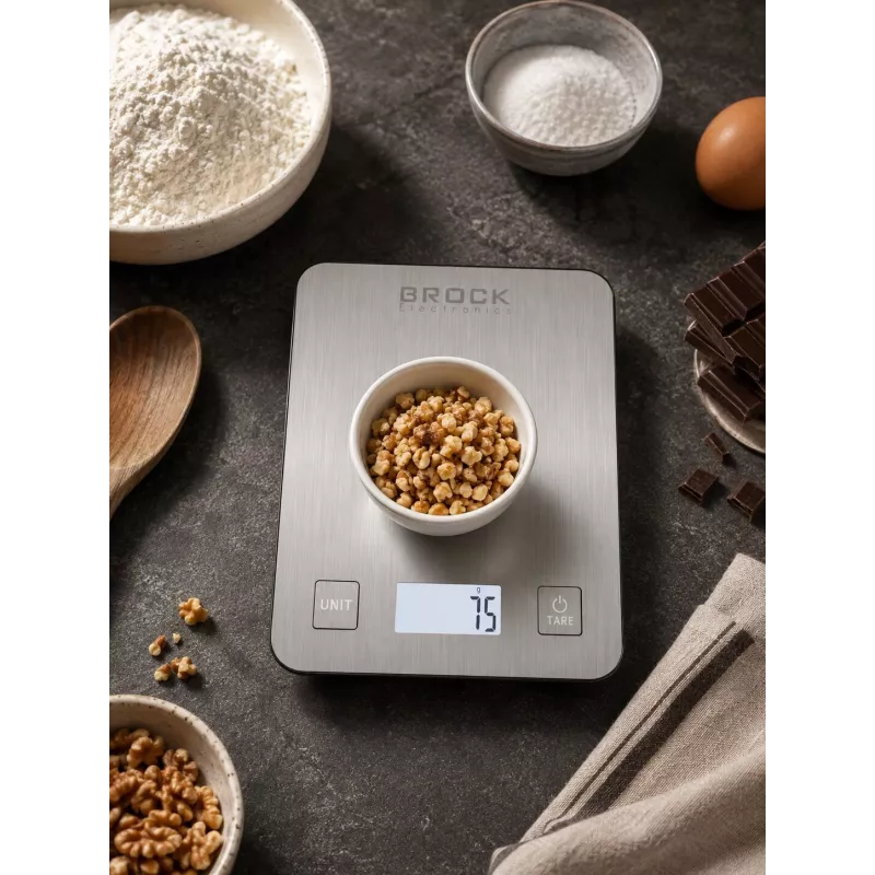 Brock SKS 1009 skaitmeninės virtuvinės svarstyklės su LED ekranu, 5 kg talpa, 1 g tikslumu, grūdinto stiklo platforma, juodos