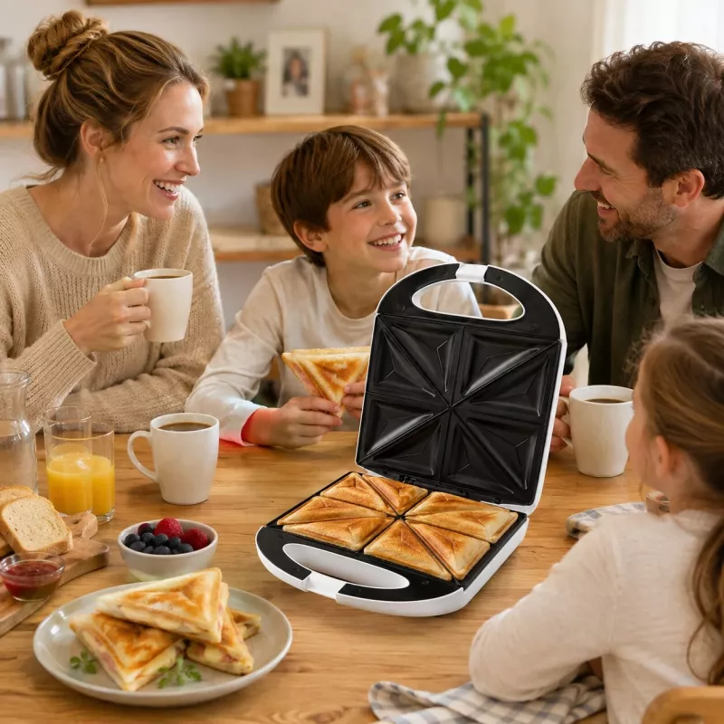 Brock SSM 3008 WH 8 griežinėlių XXL sumuštinių keptuvė, 1400W, nepridegančios trikampės plokštės, karščiui atspari rankena, apsauginis užraktas, vertikalus laikymas, balta