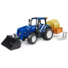 BRUDER New Holland T5.120 traktorius su priekiniu krautuvu, krovimo dėže ir šakėmis 1:16