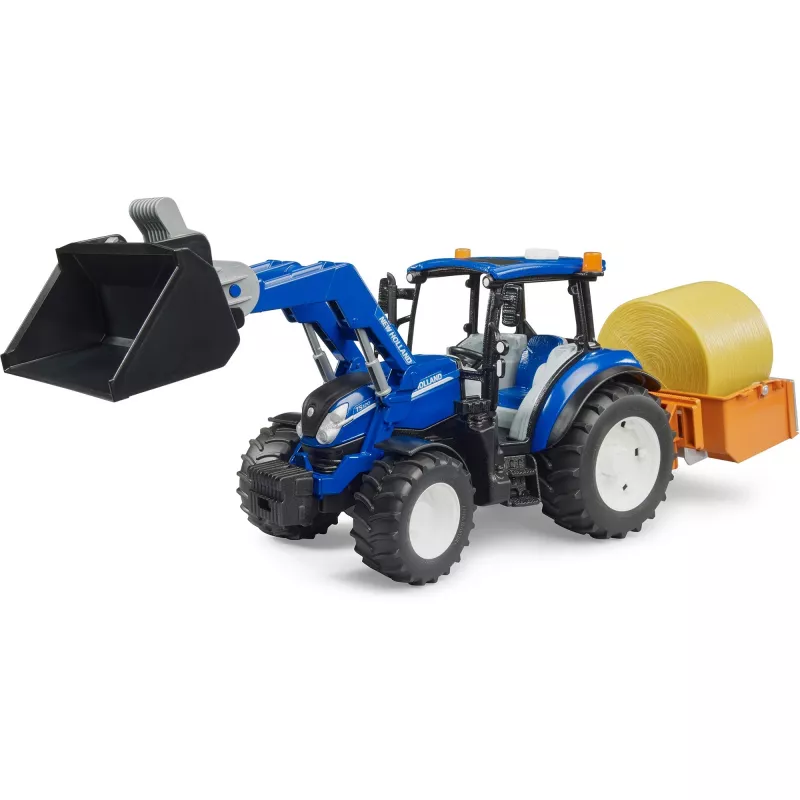 BRUDER New Holland T5.120 traktorius su priekiniu krautuvu, krovimo dėže ir šakėmis 1:16