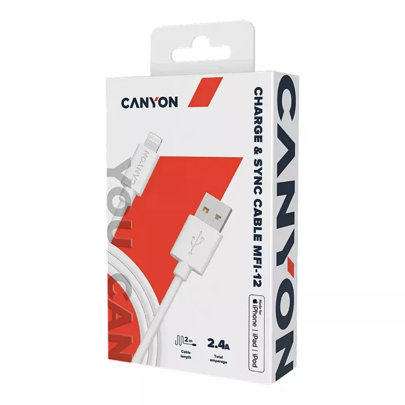 CANYON MFI-12 USB-A to Lightning kabelis 2m Baltas