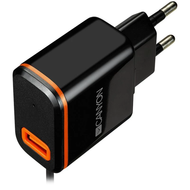 Canyon sieninis įkroviklis su USB Type-C laidu, 2.1A, juodas