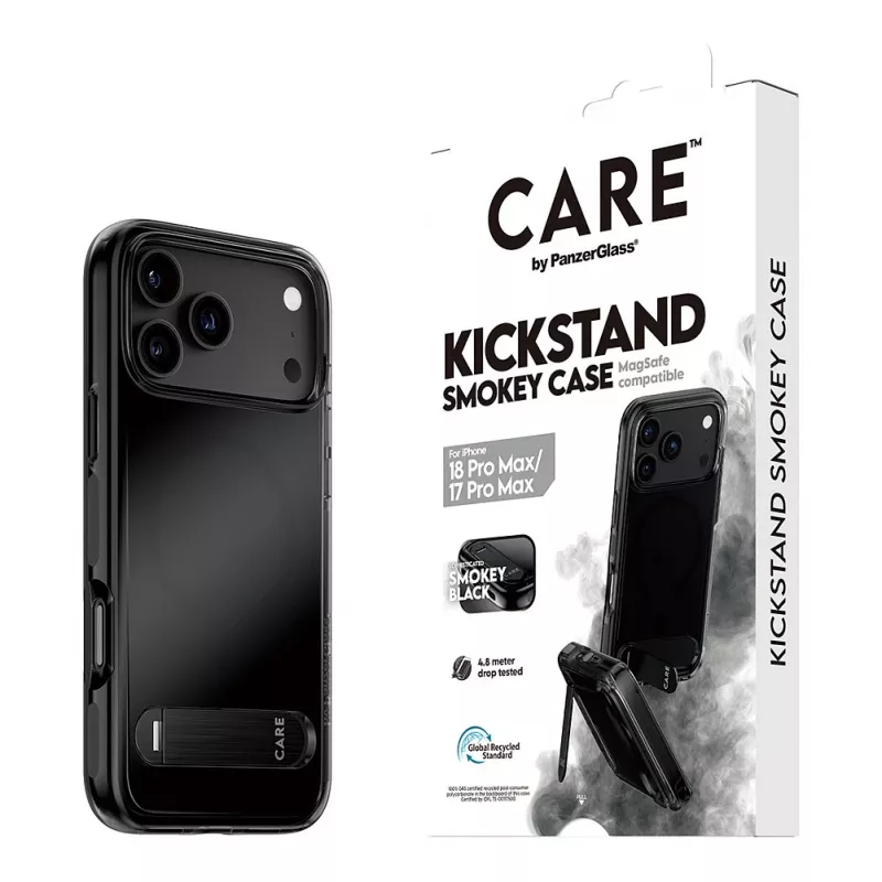 CARE by PanzerGlass “Kickstand” dėklas Smokey su juodu MagSafe skirtas iPhone 17 Pro Max