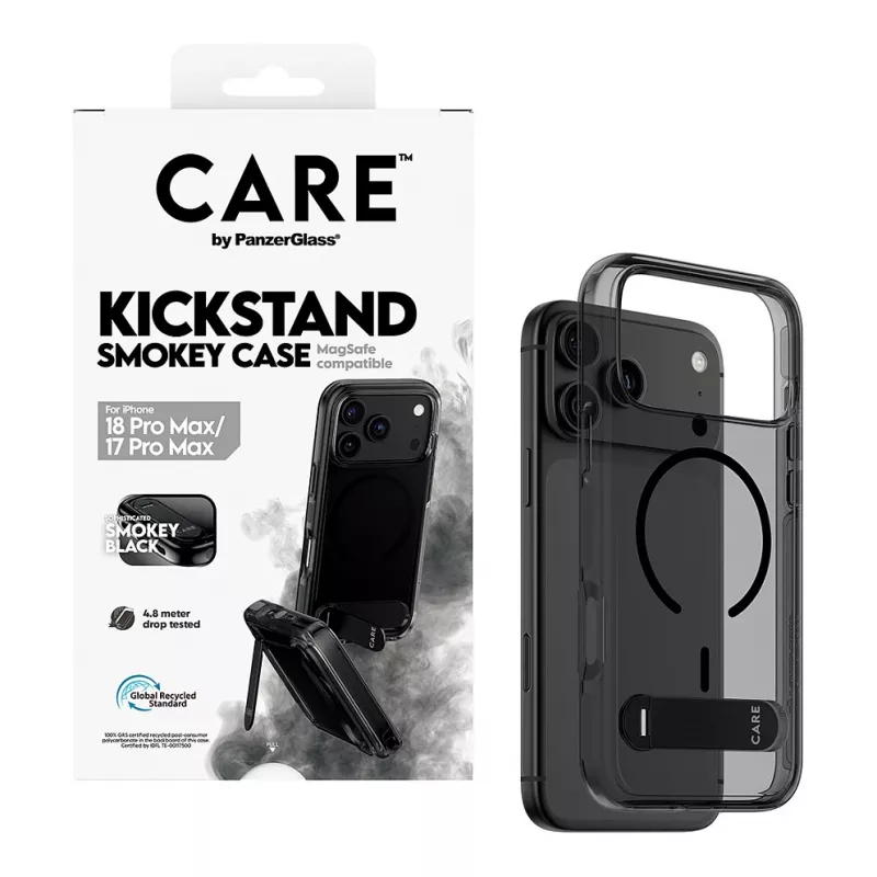 CARE by PanzerGlass “Kickstand” dėklas Smokey su juodu MagSafe skirtas iPhone 17 Pro Max