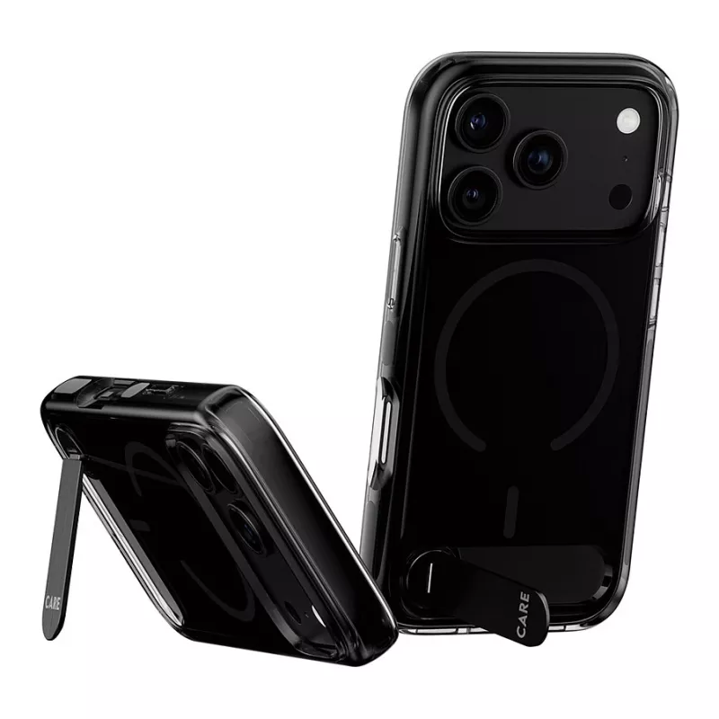CARE by PanzerGlass “Kickstand” dėklas Smokey su juodu MagSafe skirtas iPhone 17 Pro Max