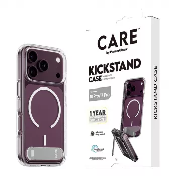 CARE by PanzerGlass Kickstand Case permatomas su baltu MagSafe skirtas iPhone 17 Pro
