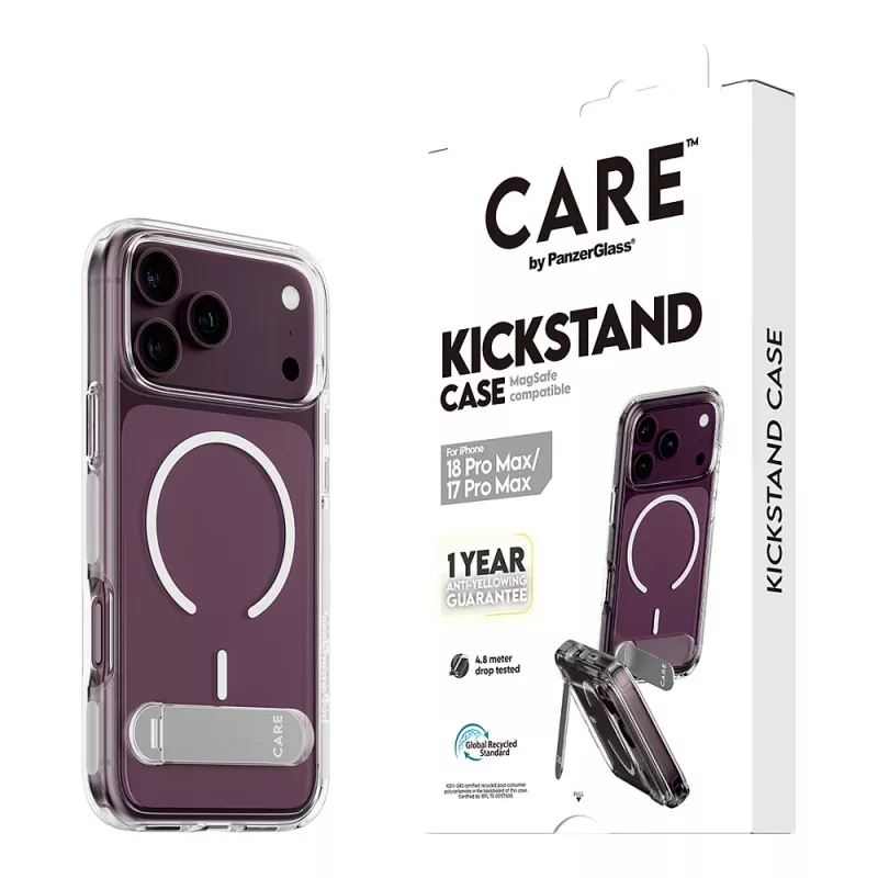 CARE by PanzerGlass dėklas su atrama permatomas su baltu MagSafe skirtas iPhone 17 Pro Max