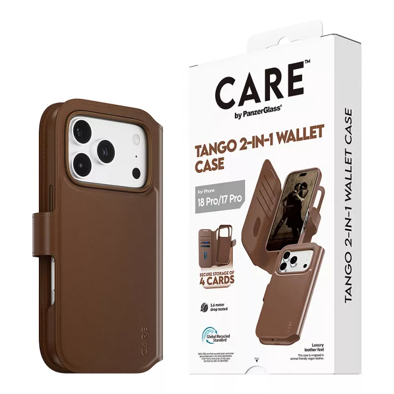 CARE by PanzerGlass Tango 2-in-1 dėklas su pinigine, rudas, su MagSafe, skirtas iPhone 17 Pro