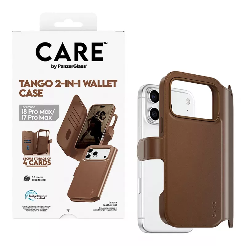 CARE by PanzerGlass Tango 2-in-1 piniginis dėklas rudas su MagSafe, skirtas iPhone 17 Pro Max