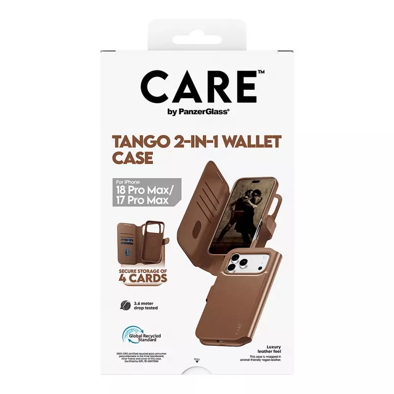 CARE by PanzerGlass Tango 2-in-1 piniginis dėklas rudas su MagSafe, skirtas iPhone 17 Pro Max