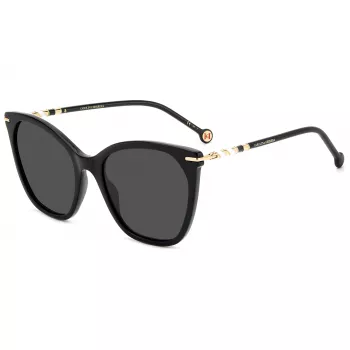 Carolina Herrera HER0091S807 Moteriški katės akies formos akiniai nuo saulės – juodas acetato rėmelis, pilki polikarbonato lęšiai, UV400 apsauga