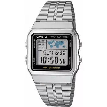 Casio A500WA-1DF klasikinis skaitmeninis laikrodis – nerūdijančio plieno juosta, LED foninis apšvietimas, pasaulio laikas