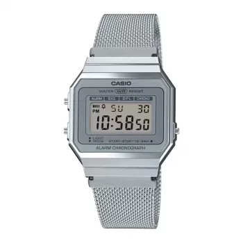 CASIO A700WM-7A Unisex Digitalinis Laikrodis – 37,4 mm Sidabrinis Milano Tinklelis