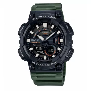 CASIO AEQ-110W-3A Vyriškas analoginis-skaitmeninis laikrodis, 52,2 mm, žalia derva