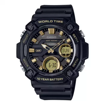CASIO AEQ-120W-9A Vyriškas analoginis-skaitmeninis laikrodis, 53,3 mm, juodas dervos korpusas, juodas dervos dirželis, auksinės detalės