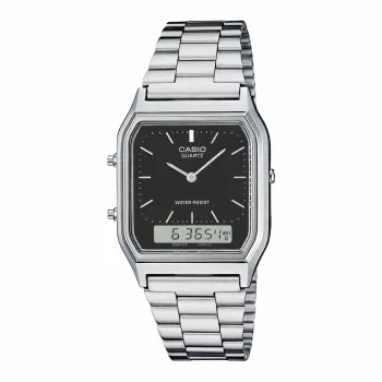 CASIO AQ-230A-1D Unisex Analog-Digital Watch, 38,8mm, Silver-tone Stainless Steel Band, Black Dial