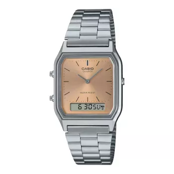 CASIO AQ-230A-4A Unisex Analog-Digital Watch, 38,8mm, Silver-tone Case, Red Dial, Stainless Steel Band