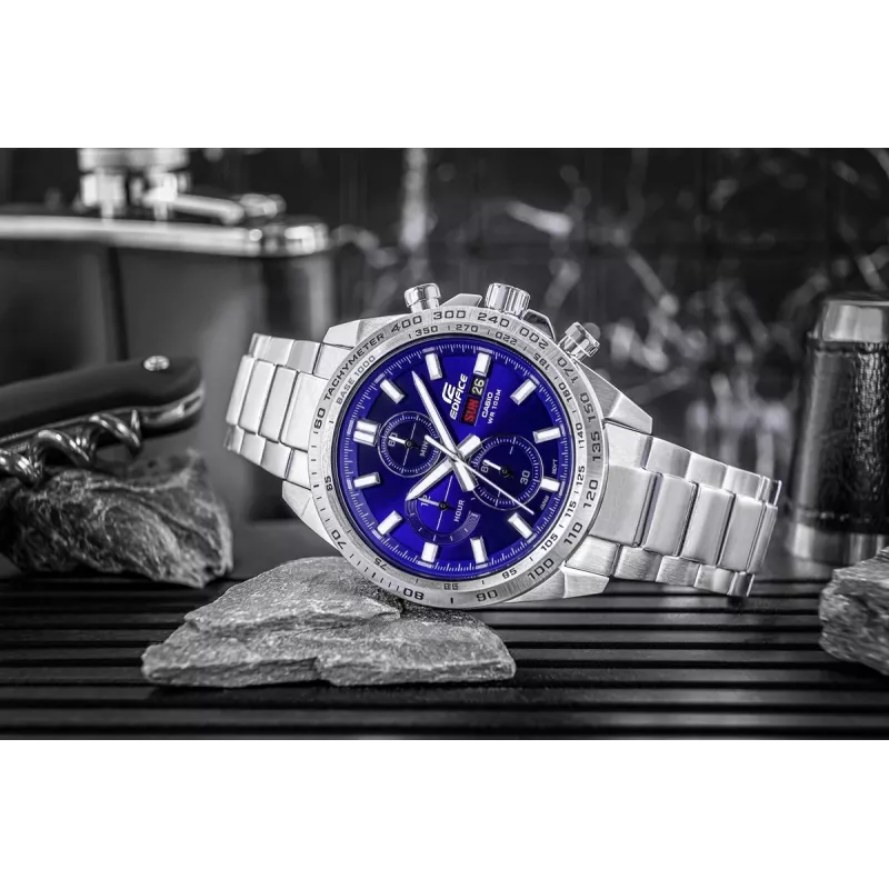 CASIO Edifice EFR-574D-2AVUEF Vyriškas Analoginis Kvarcinis Laikrodis, 42,3 mm, Mėlynas Ciferblatas, Nerūdijančio Plieno Apyrankė