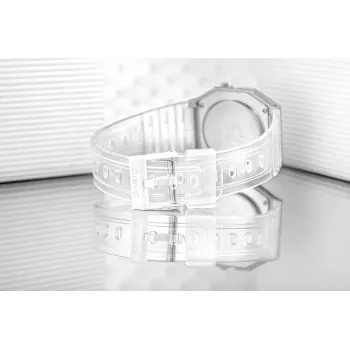 Casio F-91WS-7DF Skaitmeninis laikrodis – permatomas baltas korpusas, unisex, kvarcinis, LED apšvietimas, atsparus vandeniui 3 ATM