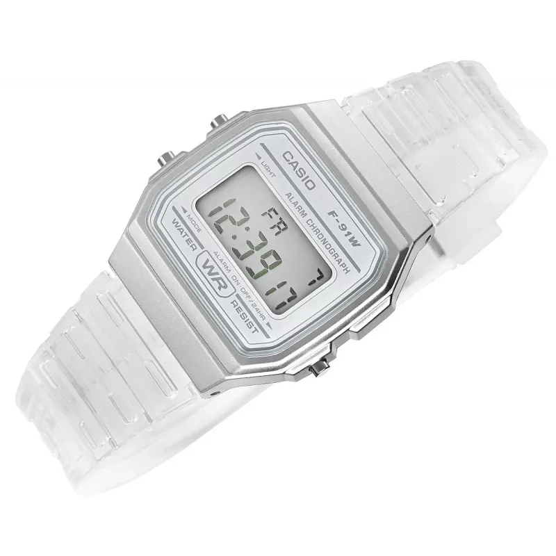 Casio F-91WS-7DF Skaitmeninis laikrodis – permatomas baltas korpusas, unisex, kvarcinis, LED apšvietimas, atsparus vandeniui 3 ATM