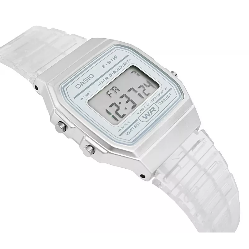 Casio F-91WS-7DF Skaitmeninis laikrodis – permatomas baltas korpusas, unisex, kvarcinis, LED apšvietimas, atsparus vandeniui 3 ATM