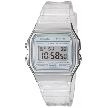 Casio F-91WS-7DF Skaitmeninis laikrodis – permatomas baltas korpusas, unisex, kvarcinis, LED apšvietimas, atsparus vandeniui 3 ATM