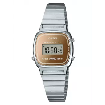 CASIO LA670WES-4AEF Moteriškas Skaitmeninis Laikrodis – Rožinio Aukso Ciferblatas, Sidabrinis Korpusas ir Apyrankė, 24 mm