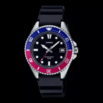 Vyriškas analoginis kvarcinis laikrodis CASIO MDV-10-1A2VDF, 38,5 mm, juodas ciferblatas, resin dirželis, atsparus vandeniui iki 200 m