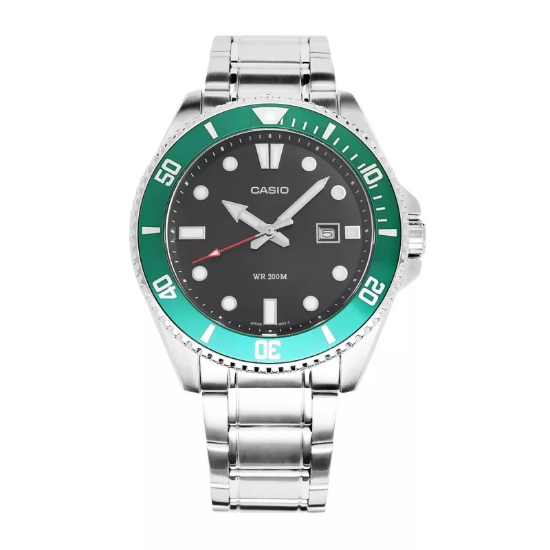 Casio MDV-107D-3AVEF Vyriškas Analoginis Kvarcinis Laikrodis su Žaliu Ciferblatu ir Nerūdijančio Plieno Apyranke, 200m Atsparumas Vandeniui