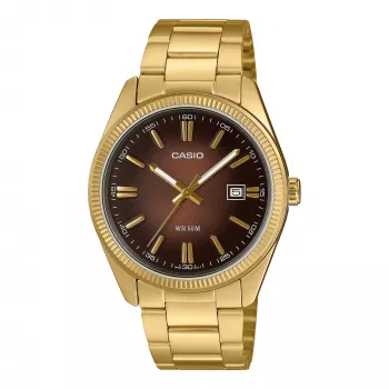 Casio MTP1302PGC5AV analoginis vyriškas laikrodis su nerūdijančio plieno korpusu, rudu ciferblatu ir rožinio aukso apdaila