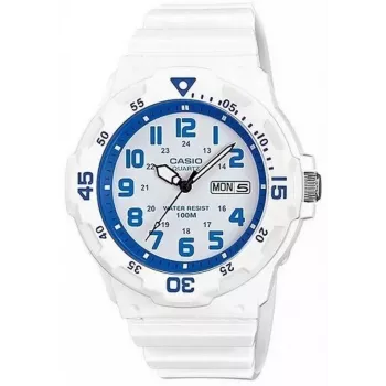 CASIO MRW200HC7B2VD Vyrų Analoginis Kvarcinis Laikrodis su Dienos-Datos Rodymu, 100m Atsparus Vandeniui, Dervos Juosta, Baltas Ciferblatas, Mėlynas/Raudonas Rėmelis