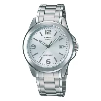 Casio MTP-1215A-7A Vyriškas Analoginis Kvarco Laikrodis su Nerūdijančio Plieno Apyranke, Sidabriniu Ciferblatu, 38,4 mm Korpusu, Dienos-Datos Rodymu, 50 m Atsparumu Vandeniui