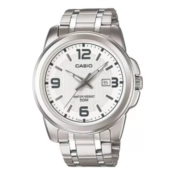 CASIO MTP-1314D-7A Vyriškas analoginis laikrodis su nerūdijančio plieno apyranke ir sidabriniu ciferblatu 44,9 mm