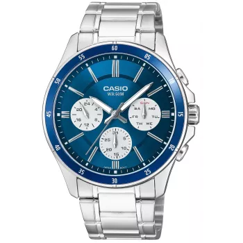 Casio MTP-1374D-2A3 Vyriškas analoginis kvarcinis laikrodis su nerūdijančio plieno juosta, mėlynu ciferblatu, dienos-data, 50m atsparumu vandeniui
