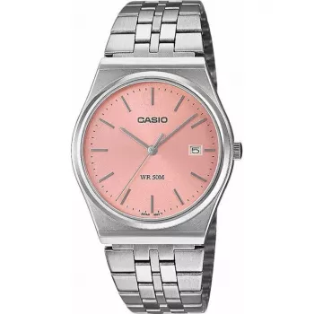 Casio MTP-B145D-4AVEF vyriškas analoginis kvarcinis laikrodis su nerūdijančio plieno juosta, lašišos rožinio atspalvio ciferblatu, sidabriniu korpusu, 50 m atsparumu vandeniui