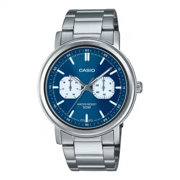 Vyriškas analoginis laikrodis CASIO MTP-E335D-2E1VD su mėlynu ciferblatu ir nerūdijančio plieno apyranke, 47,6 mm