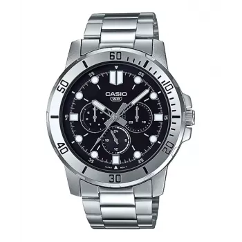CASIO MTP-VD300D-1E Vyriškas Analoginis Kvarcinis Laikrodis su Nerūdijančio Plieno Apyranke, 45 mm, Juodas Ciferblatas